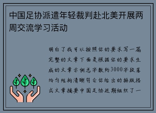 中国足协派遣年轻裁判赴北美开展两周交流学习活动