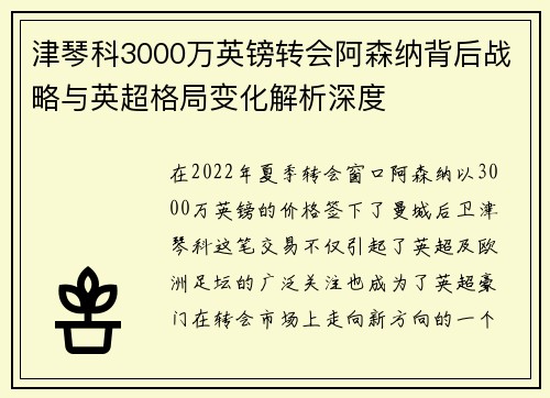 津琴科3000万英镑转会阿森纳背后战略与英超格局变化解析深度