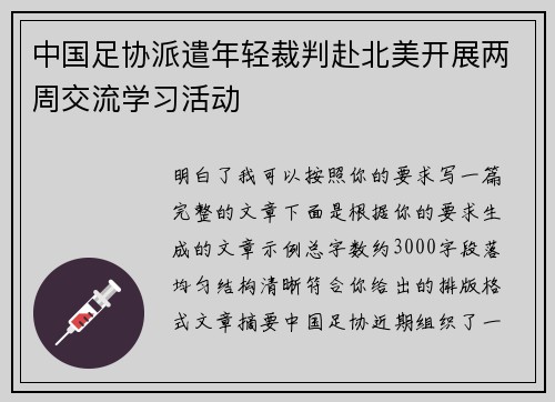 中国足协派遣年轻裁判赴北美开展两周交流学习活动