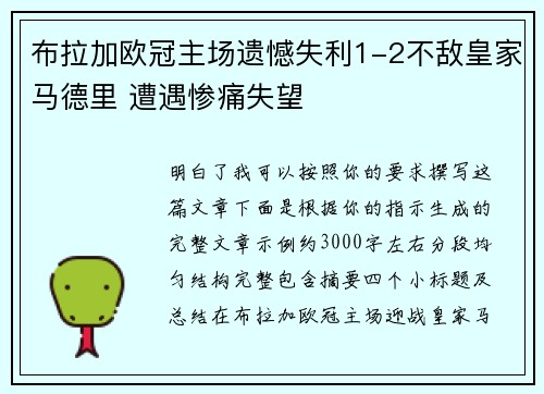 布拉加欧冠主场遗憾失利1-2不敌皇家马德里 遭遇惨痛失望